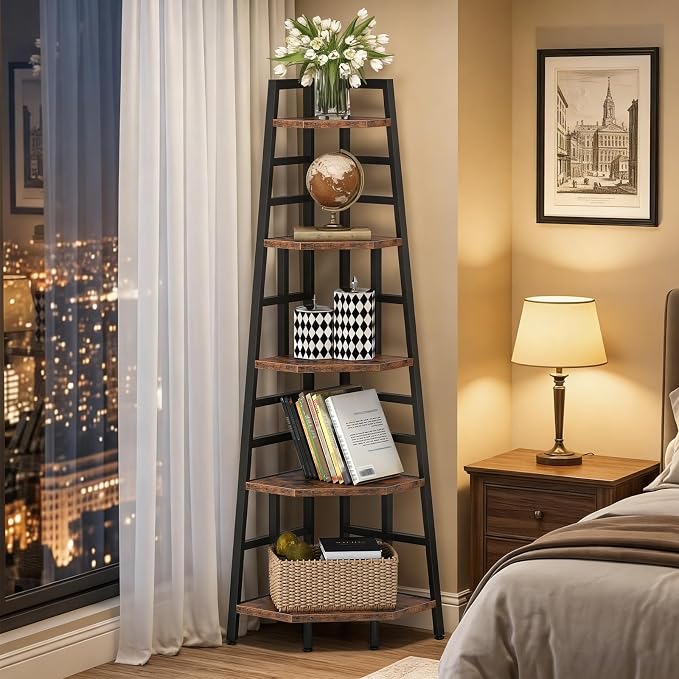 70.1-Inch 5-Tier Tall Corner Shelf, Narrow Bookshelf for Small Spaces, Industrial Bookcase Display Stand for Living Room, Bedroom, Office, Rustic Brown TCJ25BF