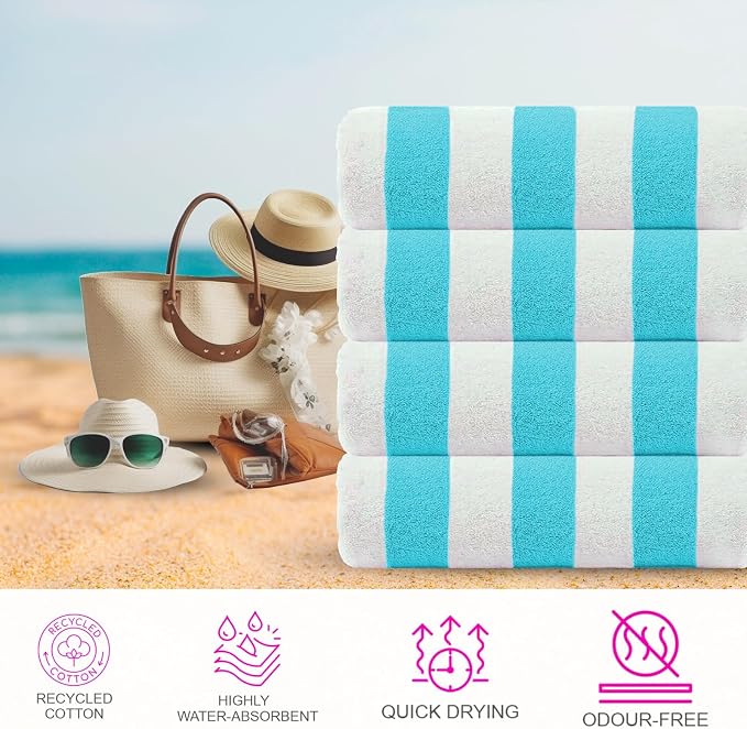 CASA COPENHAGEN Cabana Beach Towel Designed in Denmark Rough and Tough, Quick Dry, Beach, Pool, Bath & Shower 30x60 inches 4 Pieces Cotton Beach Bath Towels Set - Water Blue