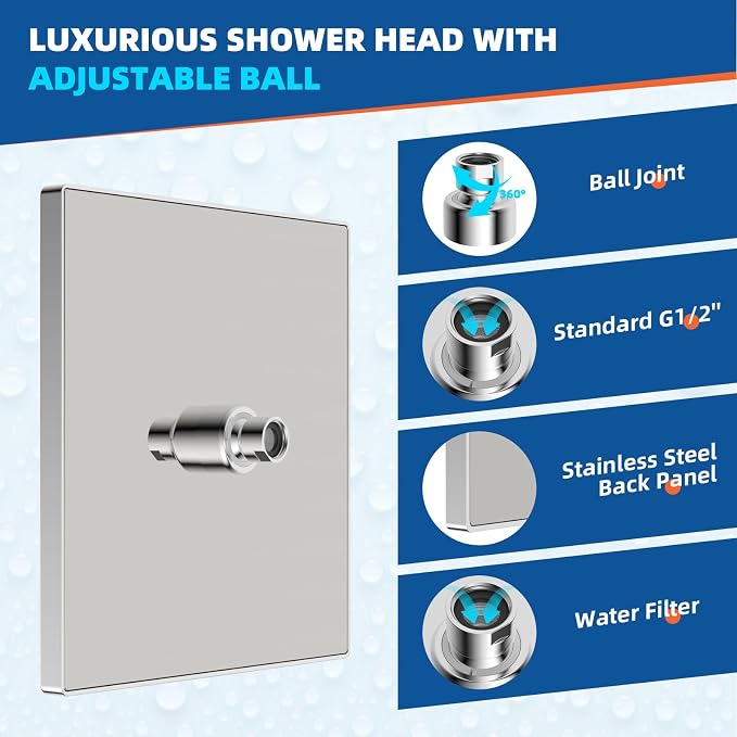Hibbent cUPC Certified Metal High Pressure 12'' Rain Shower Head, Chrome | Thickness Showerhead, Square Large Bathroom Rainfall Shower Head, Adjustable Brass Ball Joint, Waterfall Full Body Coverage