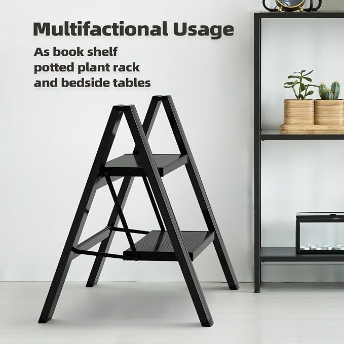 HillhutApex Aluminum Step Stool Foldable,2 Step Ladder (Black) | Lightweight Portable step ladder with Anti-Slip Wide Pedal,330lbs Capacity Ladder for Household,Office,Kitchen