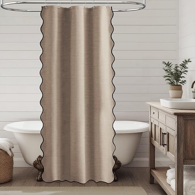 Stall Boho Scalloped Linen Textured Shower Curtain, 36x72, Tan/Taupe | Half Size, 230GSM Waterproof Polyester, Heavy Duty Fabric, 6 Plastic Hooks, Elegant Modern Farmhouse Style, Machine Washable