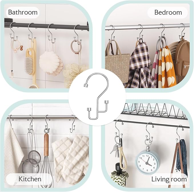 Bathway 12-Pack Double Shower Curtain Hooks, Rust-Resistant Metal Shower Curtain Rings with High-Low Design to Separate Liner & Curtain, Smooth Glide, Chrome