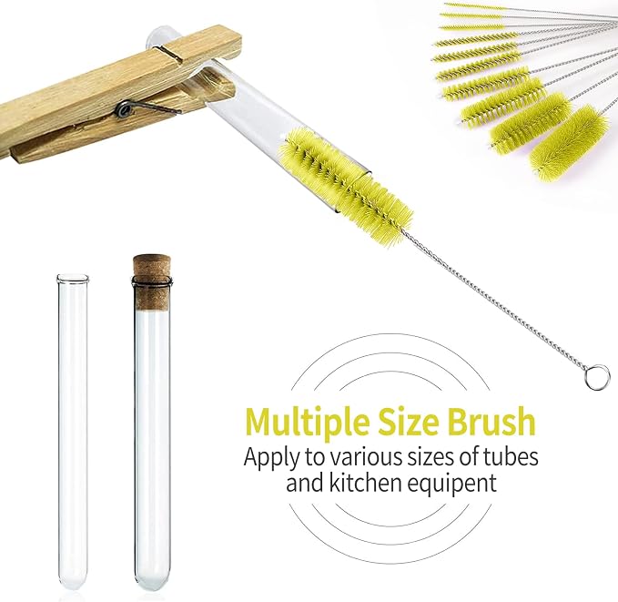 CiaraQ Bottle Cleaning Brushes, 8 Inch Nylon Tube Brush Set | Yellow Cleaner for Narrow Neck Bottles Cups with Hook, Set of 10pcs.