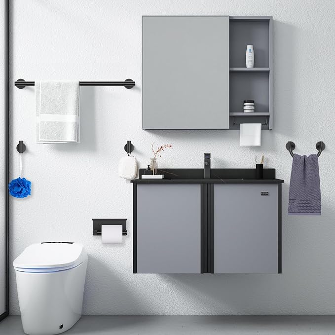 TURS 5-Pieces Matte Black Bathroom Hardware Accessories Set 23.6inch SUS304 Stainless Steel Towel Bar Set Wall Mounted Toilet Paper Holder with Shelf