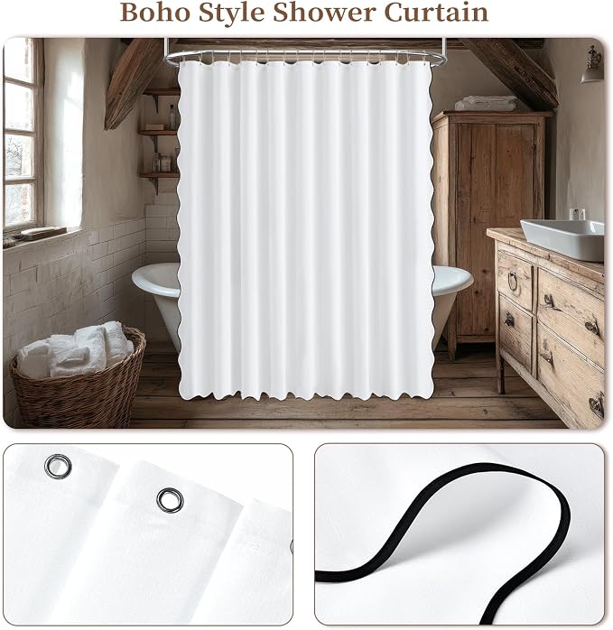 108x72 Boho Scalloped Linen Textured Cloth Shower Curtain Set, White | Extra Wide Size, 230GSM Waterproof Polyester, Heavy Duty Fabric, 18 Plastic Hooks, Modern Farmhouse Style, Machine Washable