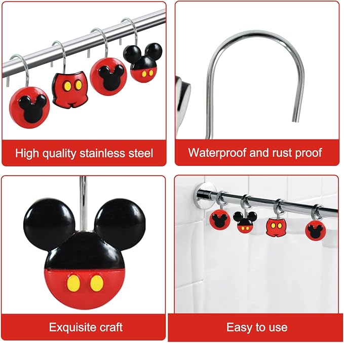 12-Piece Mouse Shower Curtain Hooks for Bathroom | Decorative Shower Curtain Hooks, Stainless Steel Shower Hangers Rings
