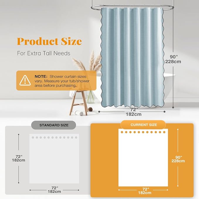 72x90 Boho Scalloped Linen Textured Cloth Shower Curtain Set, Fog Blue | Long Size, 230GSM Waterproof Polyester, Heavy Duty Fabric, 12 Plastic Hooks, Elegant Modern Farmhouse Style, Machine Washable