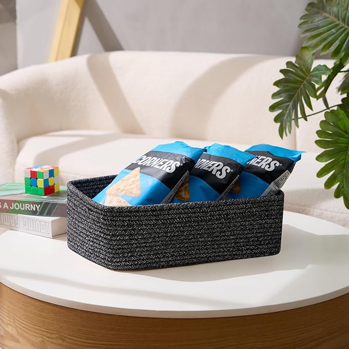 MiniArk Large Shallow Organizing Baskets 15x11x5.1 Inches - Rope Woven Storage Bins for Bathroom, Shelves, Cube Closet, Mixed Black 3 Packs