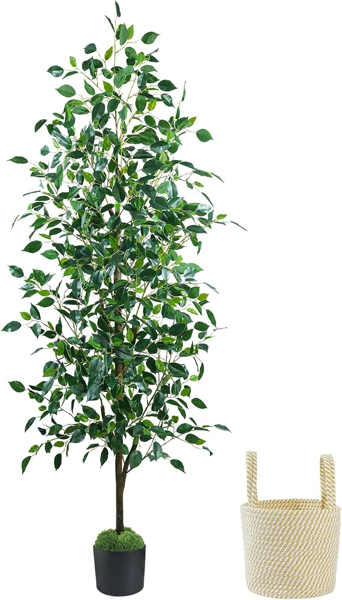Caxchiling Artificial Ficus Tree 6FT, Faux Floor Tree Indoor Outdoor | Lifelike Ficus Leaves with Moss Topper and Cotton Basket, Perfect for Home Office, Living Room, Bedroom,Entryway Decor