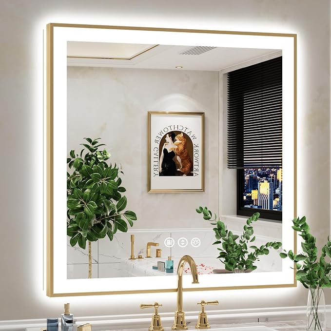 36x36 LED Bathroom Mirror with Lights, Gold Framed Lighted Mirror | Backlit and Front light, Anti-Fog, 3 Color Dimmable, Memory, Tempered Glass, IP54 Waterproof, UL Listed