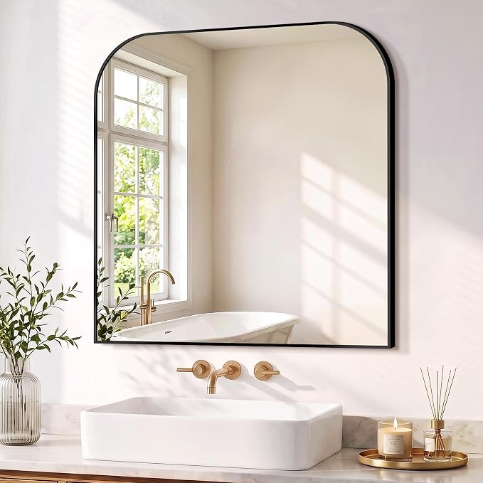Bathroom Black Vanity Mirror for Over Sink, 30" x 30" | Metal Framed Rounded Corner, Shatterproof Glass, for Bedroom, Living room, Entryway