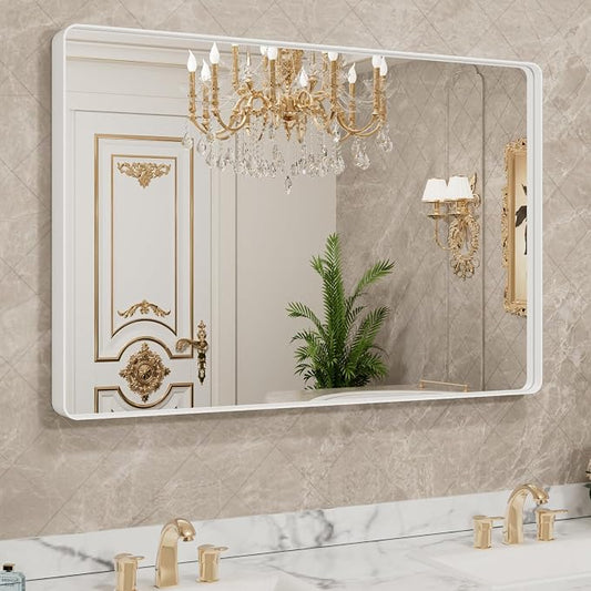 LOAAO White Metal Framed Bathroom Mirror, 40x36 Inch | Rounded Rectangle, Anti-Rust, Tempered Glass, Hangs Horizontally or Vertically