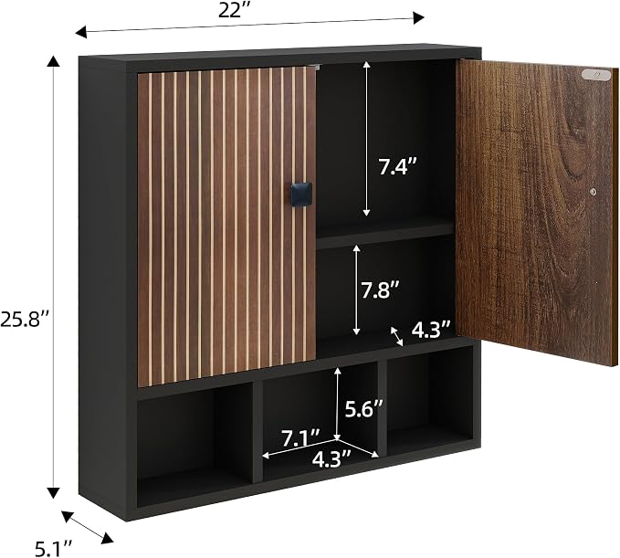 Bathroom Wall Cabinet,Wooden Medicine Cabinet with Fluted Doors Over The Toilet Storage Cabinet with Adjustable Shelf for Bathroom (Black)
