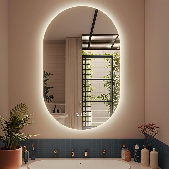 SMIROR 40x24 Oval Backlit LED Bathroom Vanity Mirror with Lights for Wall | Pill-Shaped, 3 Color Lighting, Anti-Fog, Memory, Tempered Glass, UL, Horizontal/ Vertical Wall- Mounted