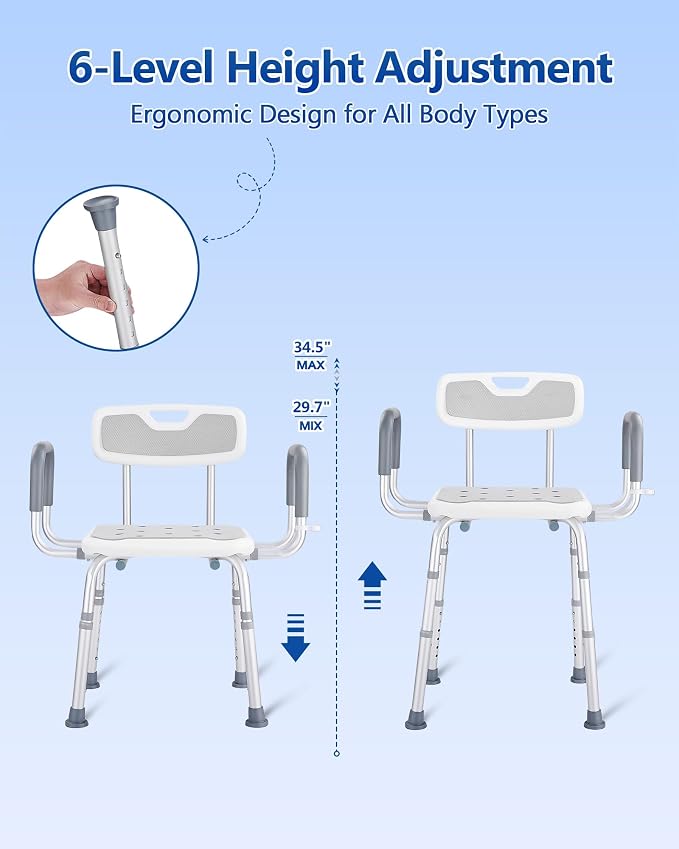 Shower Chair with Back and Arms, 330 lb Capacity | Height Adjustable, Padded Armrests, Non-Slip Seat, For Seniors, Elderly and Disabled Users