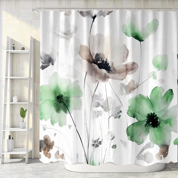 Sanzugh Boho Floral Shower Curtain, Cream Tan Beige Green Grey White Flower Farmhouse Fabric Shower Curtains Set for Bathroom Decorative with Hooks 72 X 72 inch Spring Bath Decor