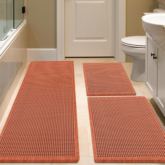 Waffle Bath Mat Set 3 Piece Burnt Orange,Woven Modern Bath Rug Mats, Absorbent Non Slip Bath Floor Mat, Soft Washable Boho Bath Rugs with Tassels for Bathroom, Bedroom, Kitchen, Tub