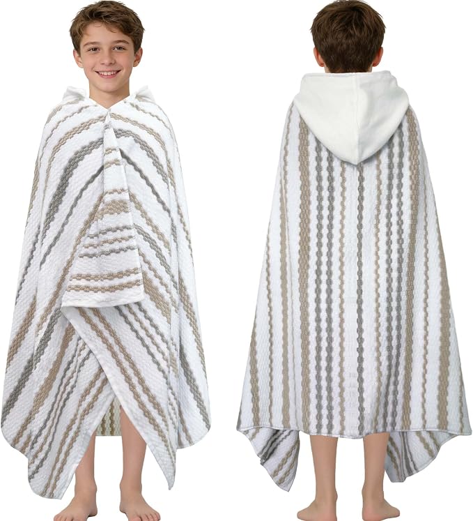 VOOVA & MOVAS Kids Hooded Bath Towel,6-12 Years,100% Cotton | 66X34 Inch,Brown Gray Stripe,Thick,Soft, Absorbent, Quick-Drying, Beach/Pool/Swim Essentials
