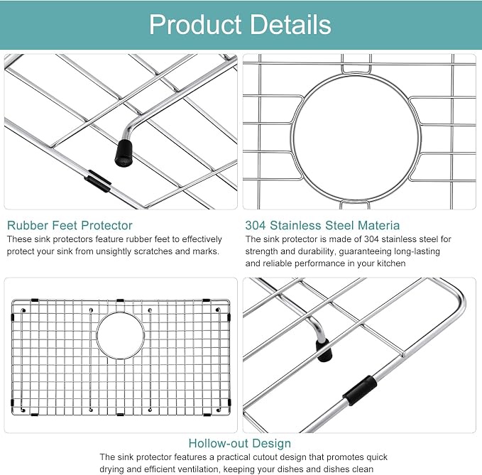 Stainless Kitchen Sink Protector - 30" x 17" with Rear Drain | S304 Sink Grids for Bottom of Kitchen Sink, Rear Drain for Single Bowl Kitchen Sink with Corner Radius
