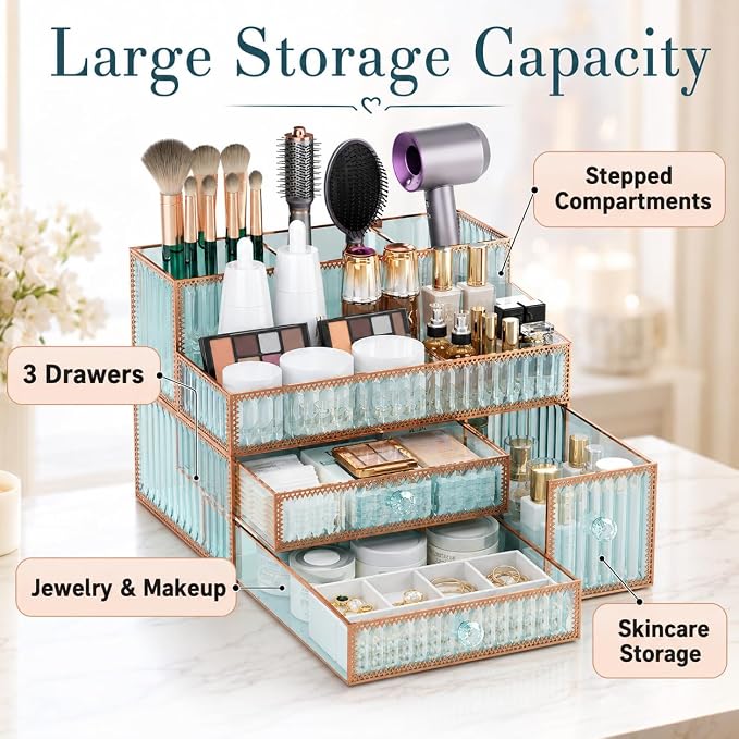Youdepot Makeup Organizer Countertop - Tempered Glass Vanity Organizer for Cosmetics, Skincare, Hair Tools, Brushes, Perfume - Multipurpose Bathroom Counter Skincare Organizer | Vanity Organizer for Cosmetics, Skincare, Hair Tools, Brushes, Perfume, Mu...