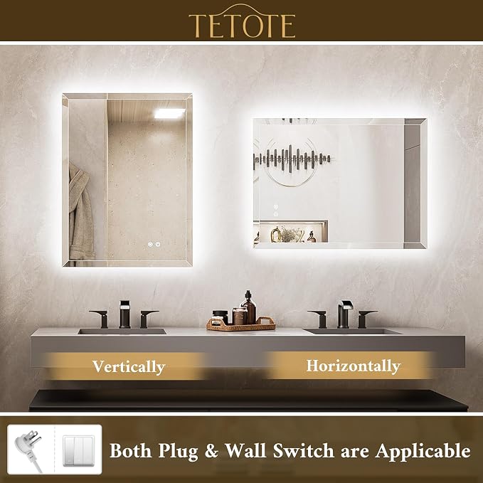 48 x 30 Backlit Mirror Bathroom, LED Vanity Mirror with Beveled Edge, Tempered Glass, 3 Colors Lights, Anti-Fog, Adjustable Brightness, Smart Bathroom Mirror, Frameless LED Vanity Wall Mirror