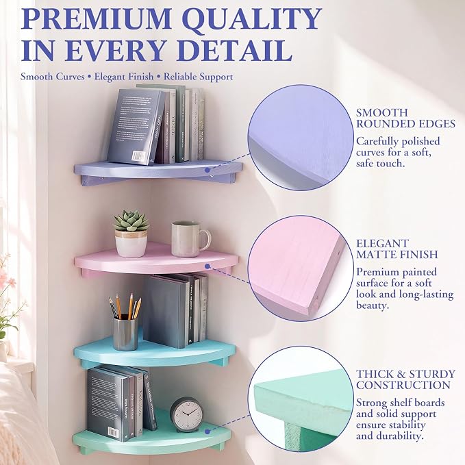 RattanView Corner Floating Shelves Set of 4 Macaron Corner Shelf Wall Mount | 9.8inch Colorful Rounded Shelves for Bathroom Bedroom Kitchen, Cute Wood Corner Shelves for Small Spaces Apartment Decor