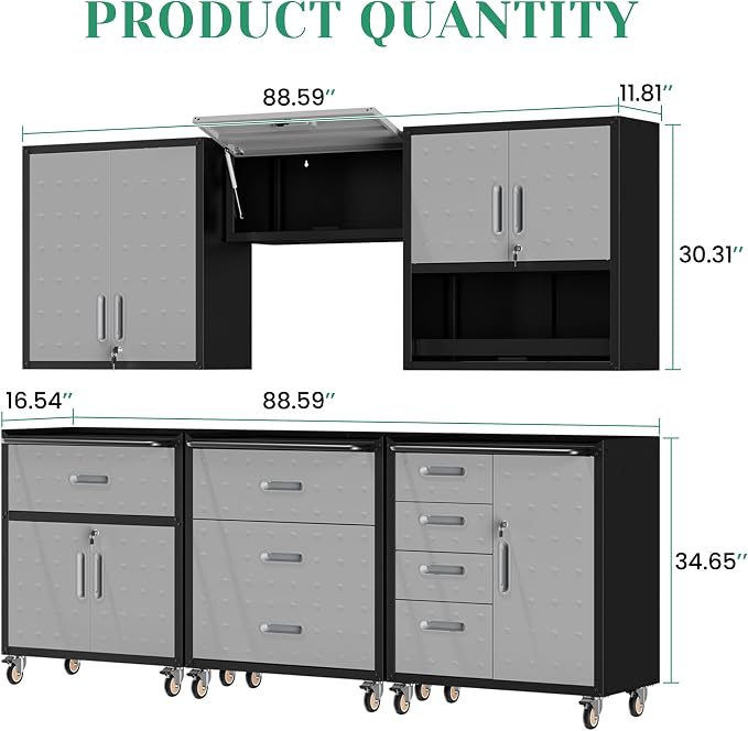 Garage Storage Cabinet System,Wall Cabinet & Locking Rolling Tool Cabinet with Doors and Adjustable Shelves