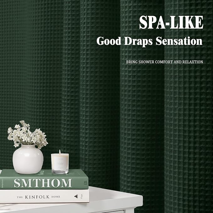 Extra Long Waffle Shower Curtain Heavyweight Cotton Fabric Dark Green 72Wx90L