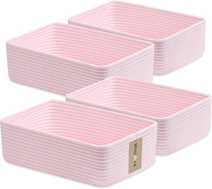 MiniArk Large Shallow Organizing Baskets 15x11x5.1 Inches - Rope Woven Storage Bins for Bathroom, Shelves, Cube Closet, Light Pink 4 Packs