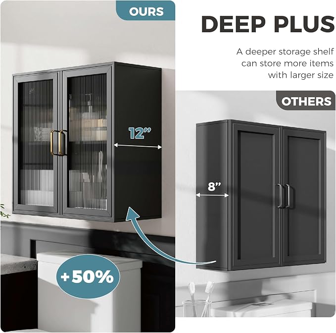 24”W Wall Cabinet with Acrylic Glass Doors Set of 2, Kitchen Wall Cabinets with Adjustable Shelf, Laundry Room Wall Mounted Cabinet, Bathroom Wall Cabinet with Light(Black)