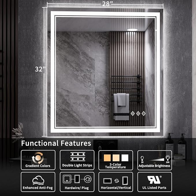 LED Bathroom Mirror, 28x32 Inch Gradient Front and Backlit LED Vanity Mirror, 3 Colors Dimmable CRI>90 Double Lights, IP54 Enhanced Anti-Fog, Hanging Plates Wall Mount Backlit Mirror