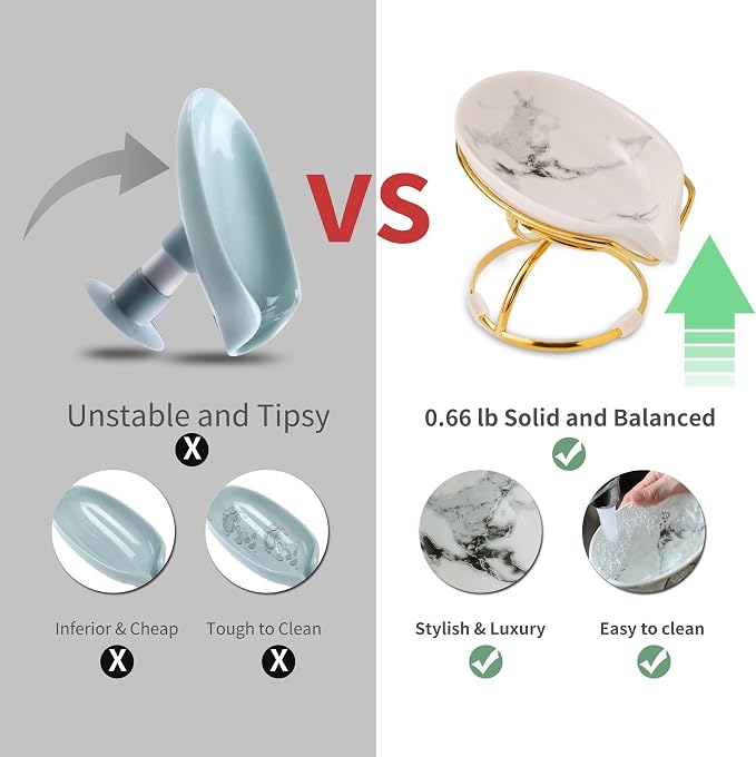 Dobbyby Leaf-Shaped Soap Dish – Ceramic Soap Bar Holder with Self-Drainage System – Bar Soap Holder for Shower, Bathroom Sink, Kitchen – Soap Dish with Stainless Steel Stand (White-Gold-2 Pack)