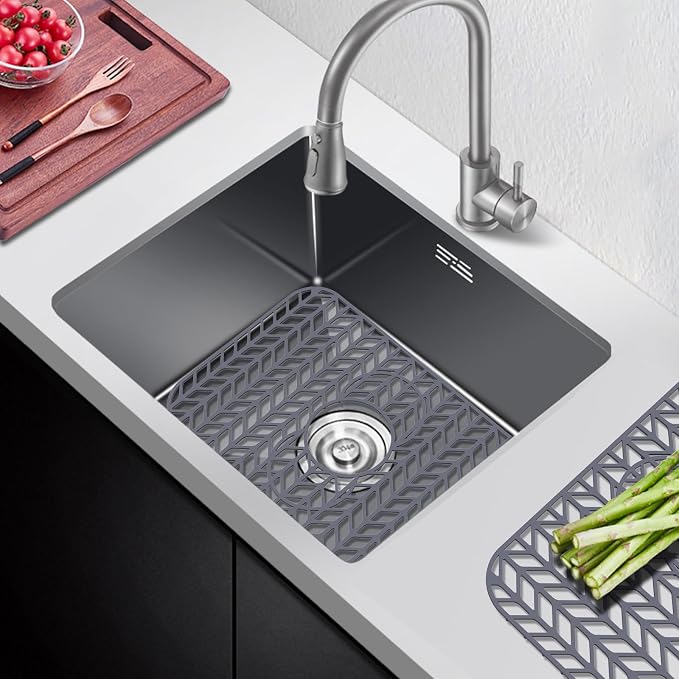AWOKE Sink Protectors for Kitchen Sink - 19"x 13" Sink Mat - Heat resistant Easy-clean Silicone Sink Mat - for Protection of Stainless Steel Sink - with 3 Reserved Holes (Grey)