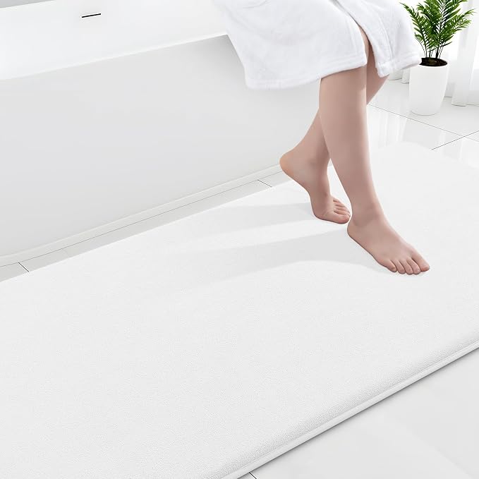 Smiry Memory Foam Bath Mat 44x24, Extra Soft and Absorbent Bathroom Rugs | White, Quick Dry Machine Washable Non-Slip Bath Mat for Bathroom Floor, Shower and Tub