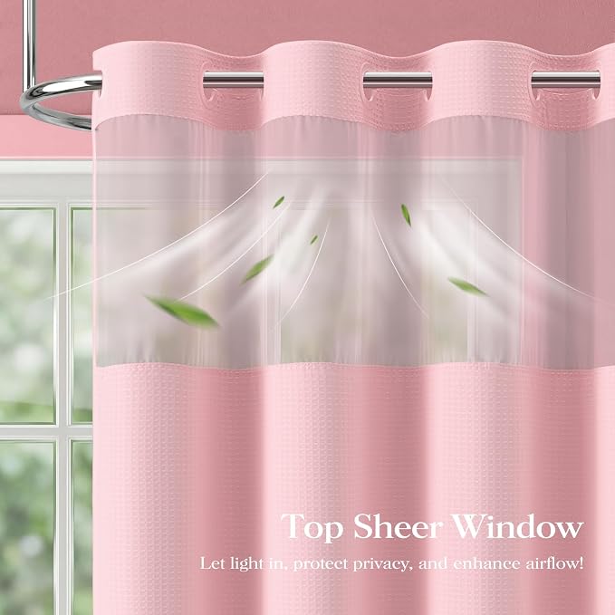 Pink Hook Free Waffle Shower Curtain & Snap-in Fabric Liner,72x87 | Less Time to install, 3 in 1 Fabric Shower Curtain and Liner Set with Magnets, Extra Long, Shower Curtains for Bathroom