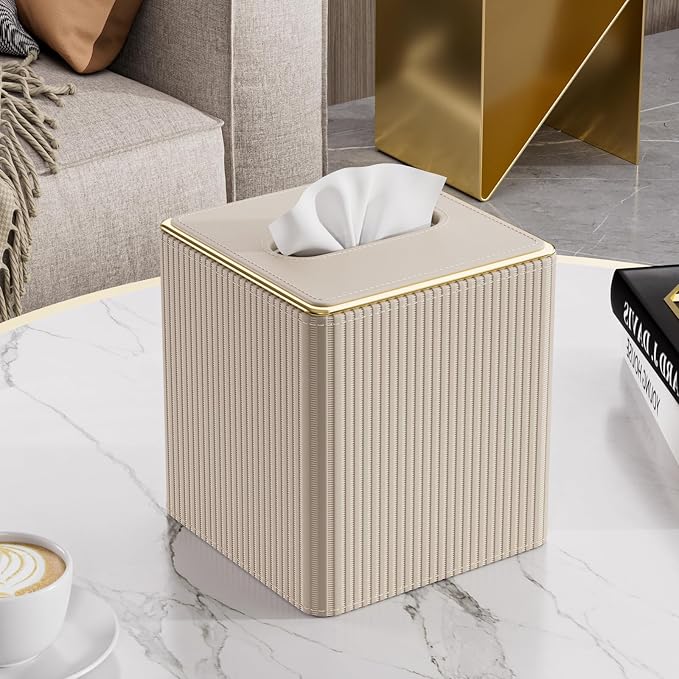 GORESE Tissue Box Cover Square for Kleenexs, PU Leather Tissue Box Holder with Gold-Tone Edging, Decorative Tissue Cover for Bathroom Livingroom Car, Modern Cube Tissue Holder, Beige