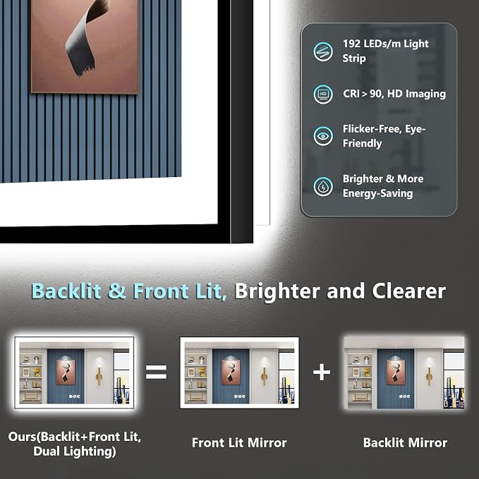 60x40 Black LED Bathroom Mirror, Backlit & Front Lit Lighted Mirror | Metal Framed Anti-Fog Vanity Mirror with Lights, 3 Color Dimmable, Memory, HD Tempered Glass, CRI95, UL Listed, Wall Mounted