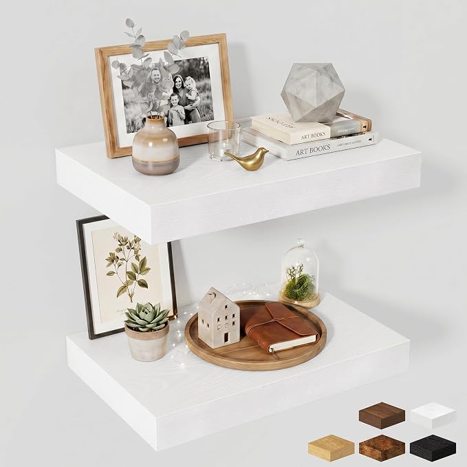 Fun Memories Wood Floating Shelves 20 Inch, 12 Inch Deep Shelves Wall Mount, Wall Shelves with Invisible Bracket, 20" Floating Shelves for Living Room Bathroom Bedroom, White, Set of 2