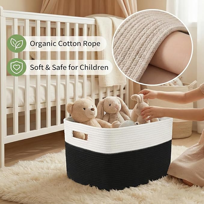 JMvicyroam 65L Large Woven Cotton Rope Blanket Basket, White&Black | Blanket storage for living room or bedroom use, Freestanding with reinforced handles, Entire basket is machine washable