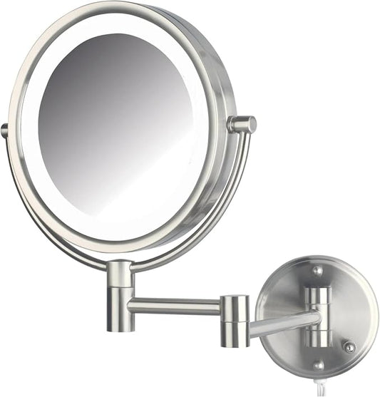 JERDON Lighted Wall-Mount Makeup Mirror - 8X - Nickel - HL88NL | 8.5" Round Frame, 13.5" Wall Arm, LED Lighting, Corded Plug-In Power