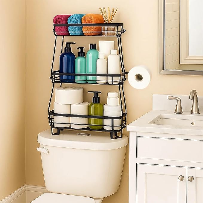 ShellKingdom Over The Toilet Storage Shelf, 3 Tier Toilet Paper Holder Rack | Punch-Free Bathroom Storage Rack with 2 Hooks, Small Space Organizers for Bathroom, Home, Black