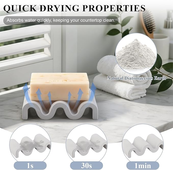 Diatomite Soap Dish Bar Soap Holder Wave Texture Sponge Tray, Light Grey | Quick Drying, Self Draining Design Helps Keep Bar Soap Dry for Bathroom Sink, Shower & Kitchen