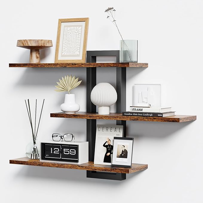 Floating Shelves for Wall, Wood Wall Shelves for Bathroom | 3 Tier Shelves for Wall Decor, Decorative Hanging Storage Shelf for Bedroom Kitchen Living Room, Rustic Brown and Black