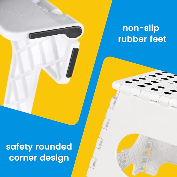 11 Inch Folding Step Stool for Kids, Non-Slip Foldable Stools, White | Heavy Duty Collapsible Foot Stool, Lightweight with Built-in Handle, Holds 300 lb for Adults Kitchen Bathroom Bedroom Outdoor