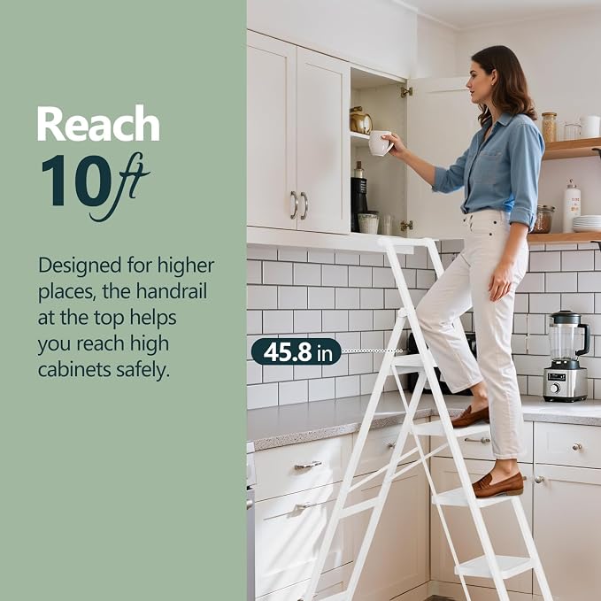 5 Step Foldable Step Stool with Handrail, 330lbs Load, White | Folded 67'' H x 3'' T; Net 17.8 lbs; Anti-Slip Feet Grip Wood, Tile, Carpet; Wide Pedals; For Shelves, Repairs.