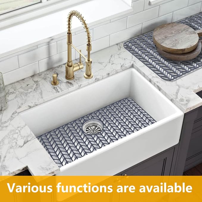 Sink Protectors for Kitchen Sink26"x14"Rear Drain kitchen Sink Mat | Protector for sinks and dish,Food-grade silicone,Non-slip and raised feet,Withstand to 500F,Dishwasher Washing