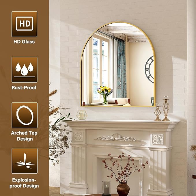 XRAMFY Arched Bathroom Mirror 32" x 34" for Bathroom Vanity Mirror or Wall Decor Gold Arch Mirror Aluminum Alloy Frame Wall Mounted Mirror for Living Room Bedroom Entryway