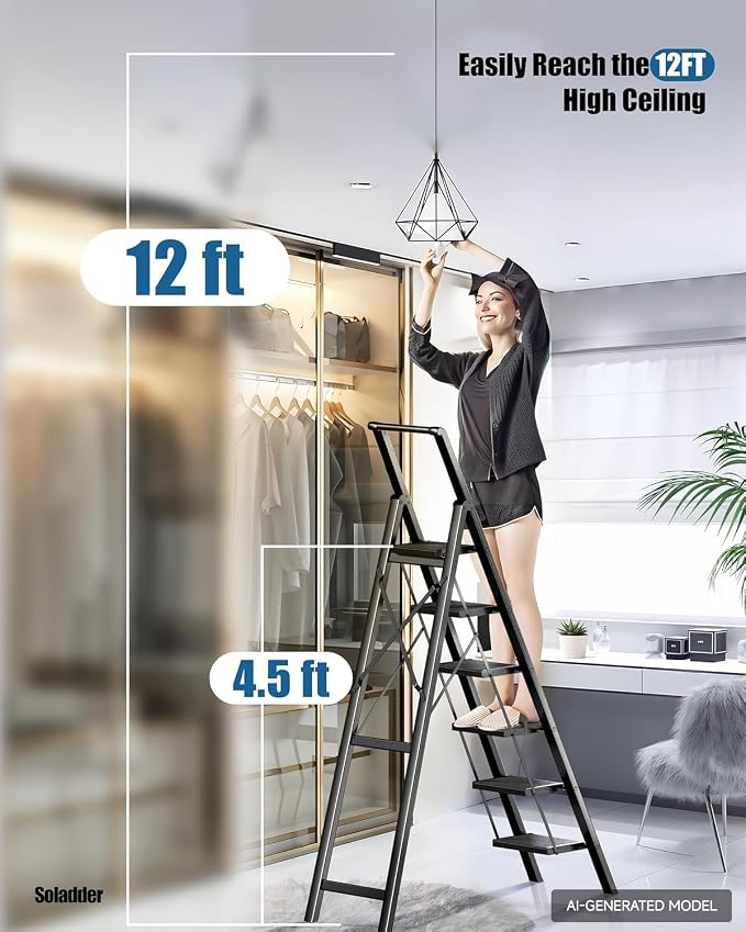 6 Step Ladder, Folding Step Stool, Lightweight Stepladder, Black | Reach 12ft;Anti-Slip 7.9'' Wide Pedal;Portable Handrail;Space-Saving;For Kitchen, Home, Library, Office Use;300lbs Capacity