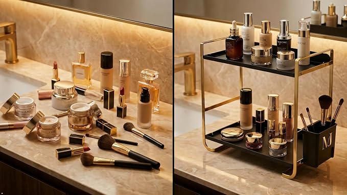 2 Tier Bathroom Countertop Organizer, Black and Gold | Side Caddy, Metal Construction, Slim Counter Storage Rack, For Vanity