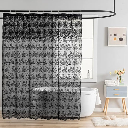 YJ YANJUN Black Lace Shower Curtain for Bathroom 72x72, Gothic Style with Attached Valance